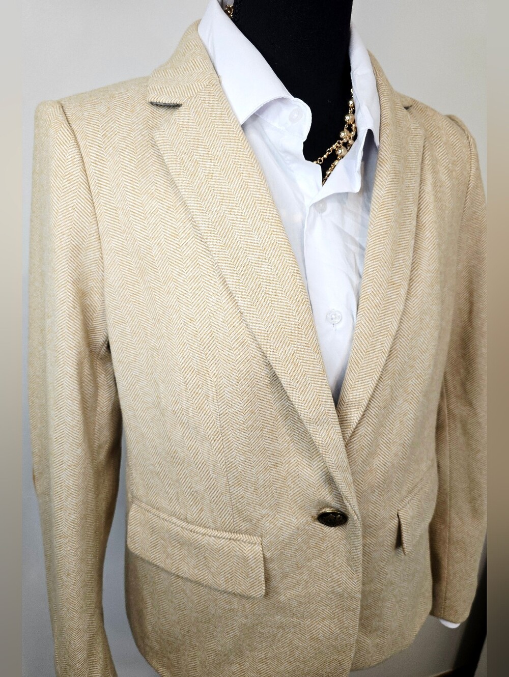 LOFT Petite Herringbone Blazer Suede Elbow Patch Academia Preppy Teacher Jacket - Picture 5 of 13